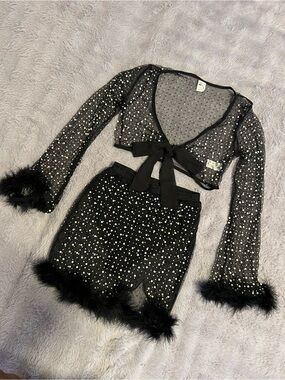 iHeartRaves Pearl Fur Glamour Black Tie-Front Skirt Set Rave Music Festival